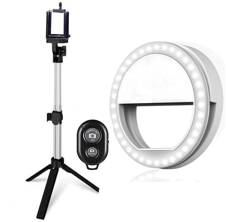 Набір блогера світлодіодне кільце для Селфі Mirror Selfie Ring Light і Селфі палиця штатив для телефону Чорний (0321unk) - фото 1