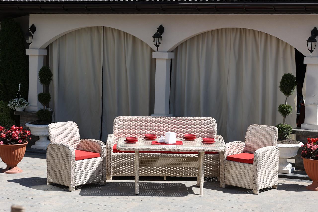 Комплект садових меблів Амелія на металевому каркасі зі штучного ротанга стіл/диван/крісла Айворі (CNT00008601)