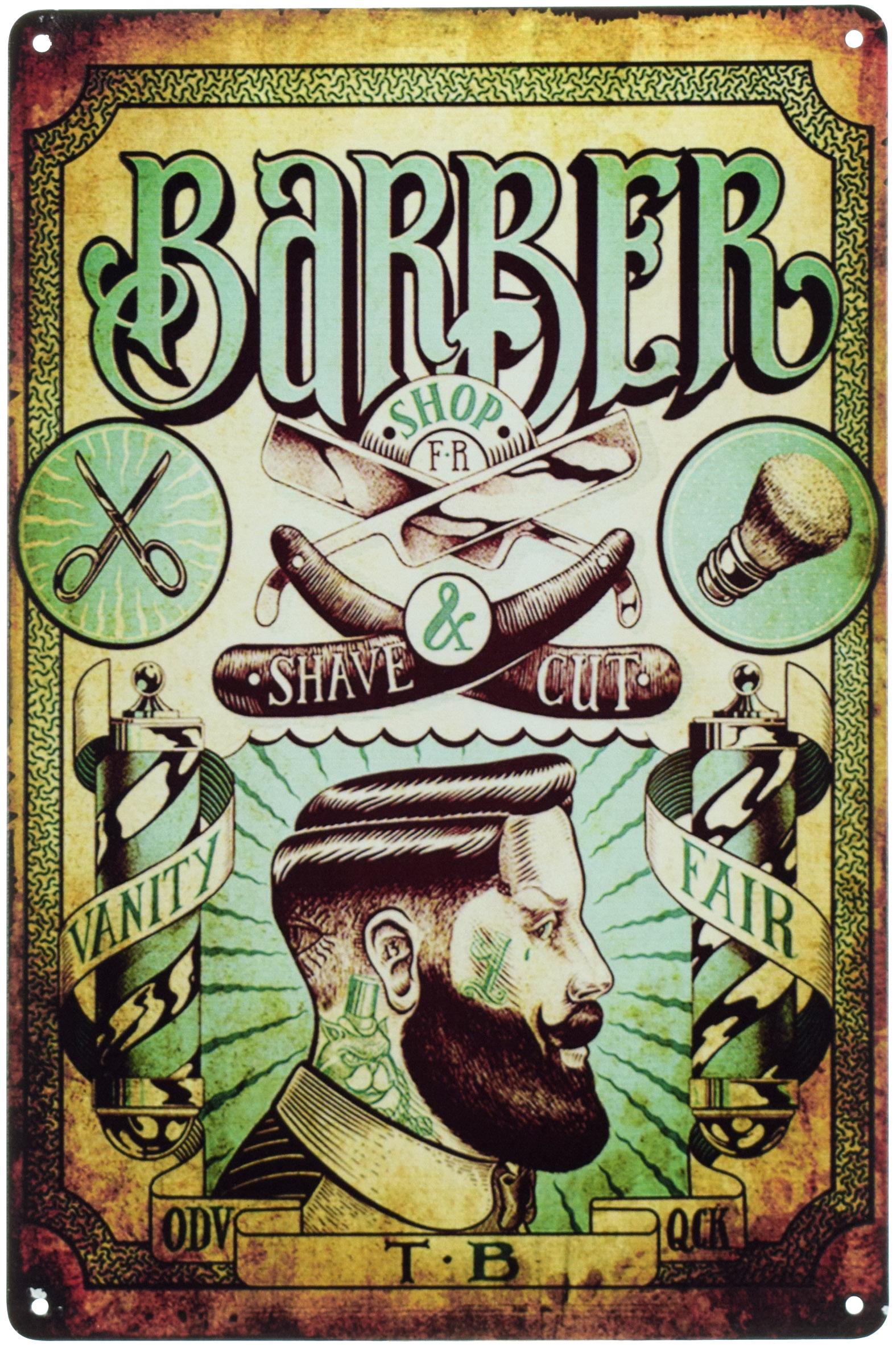 Табличка металлическая Барбершоп Парикмахерская Бритьё/Barber Shop Shave Cut 20x30 см