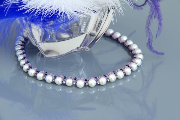 Чокер плетений з перлами та намистинами мереживний Анемона ручна робота Фіолетовий (NK-0080)