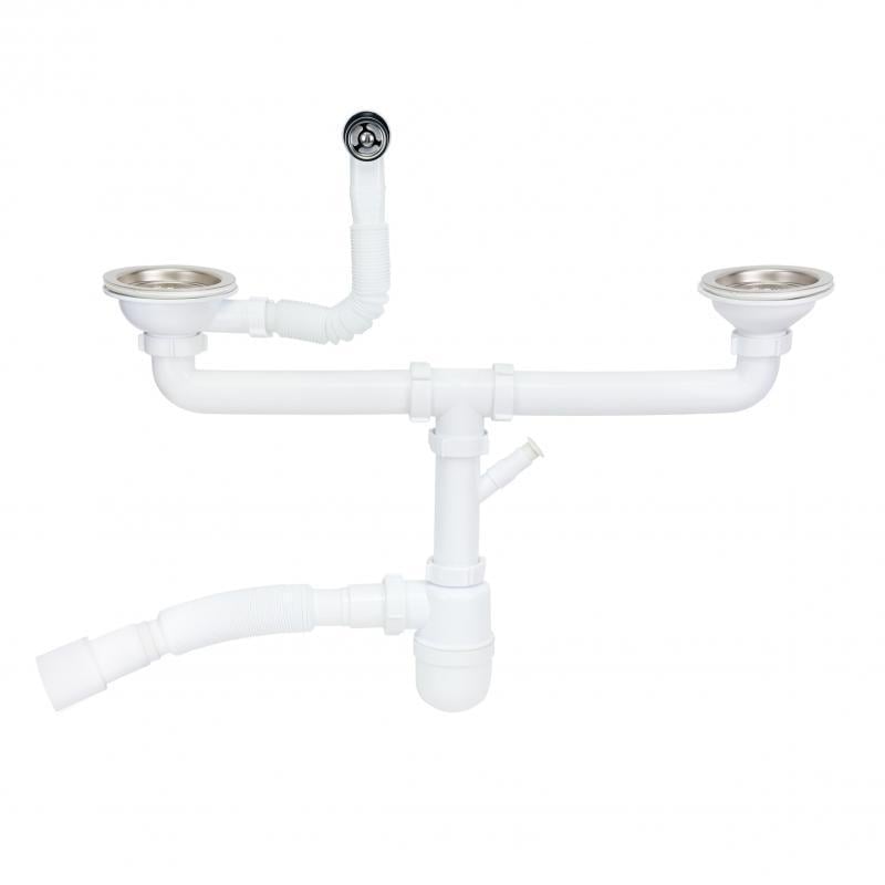 Сифон для кухонної мийки подвійний Lidz LK07 випуск 115 мм колбовий з круглим переливом та додатковим відведенням (60 08 E001 02)