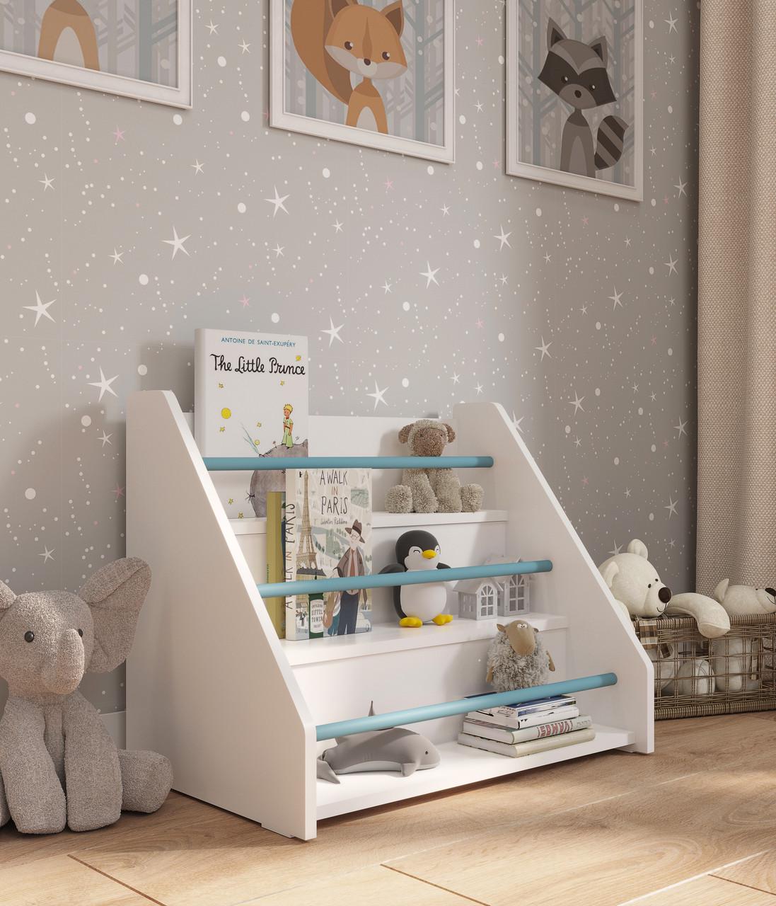 Стелаж дитячий Монтесорі DP-1 з книжковою полицею/нагелем 535х360х430 мм Білий/Синій (22099506)