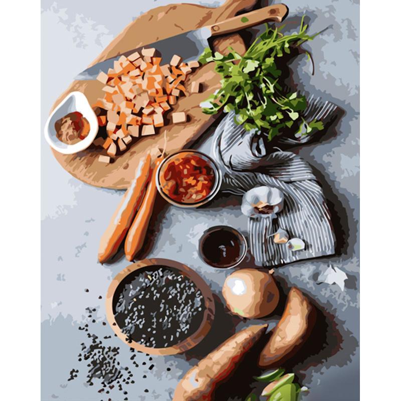 Картина по номерам Strateg Премиум Процес приготовления с лаком и уровнем 40x50 см (GS1385)