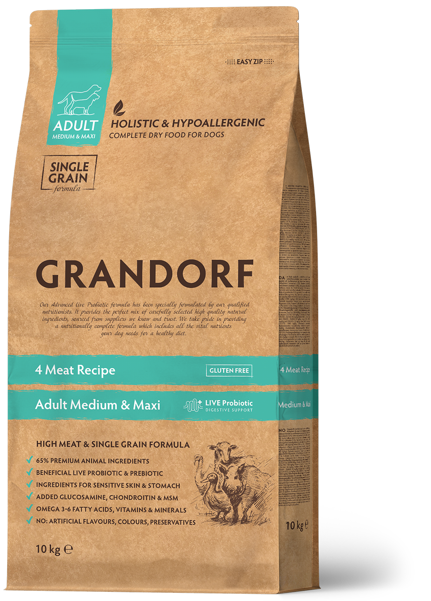 Корм для взрослых собак средних и крупных пород Grandorf 4 Meat Medium & Maxi с 4 видами мяса 10 кг (94710)