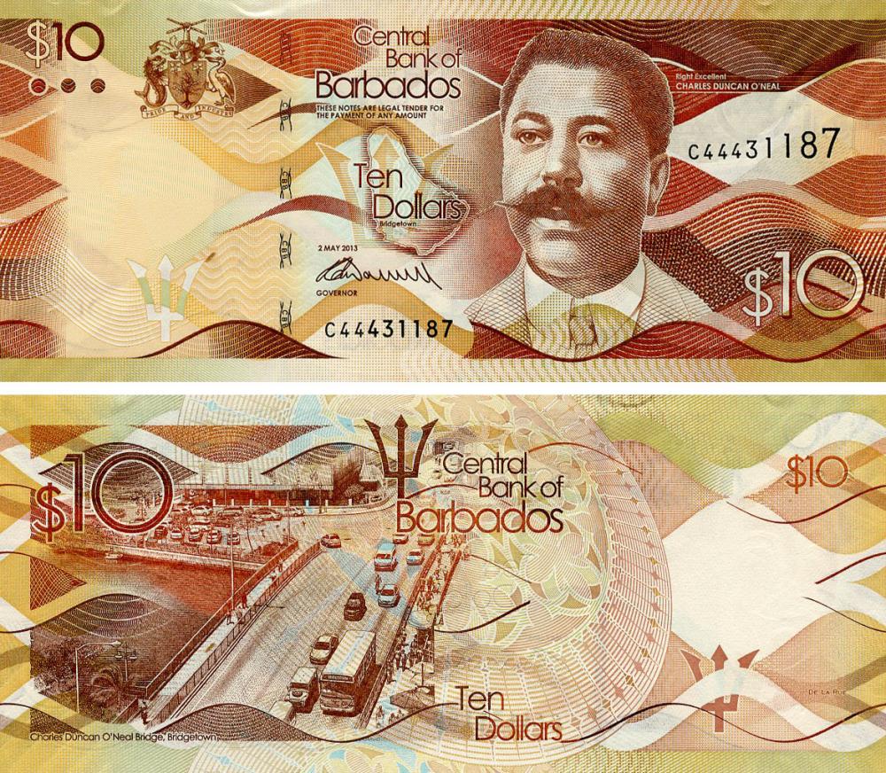 Коллекционная банкнота Барбадос 10 долларов 2013 UNC P75 (Б21501)