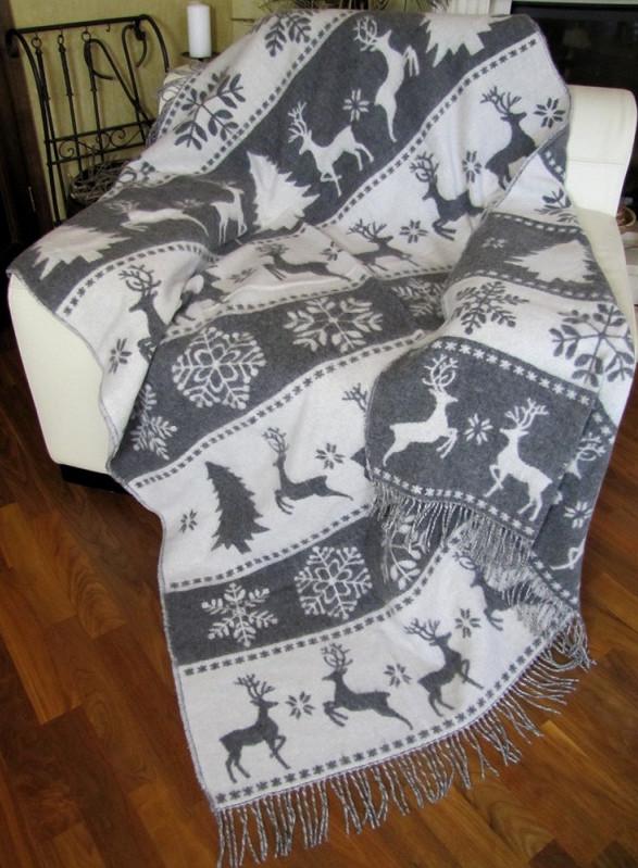 Плед жаккардовый Vladi Олени шерстяной 140х200 см Белый/Серый (1186952398)