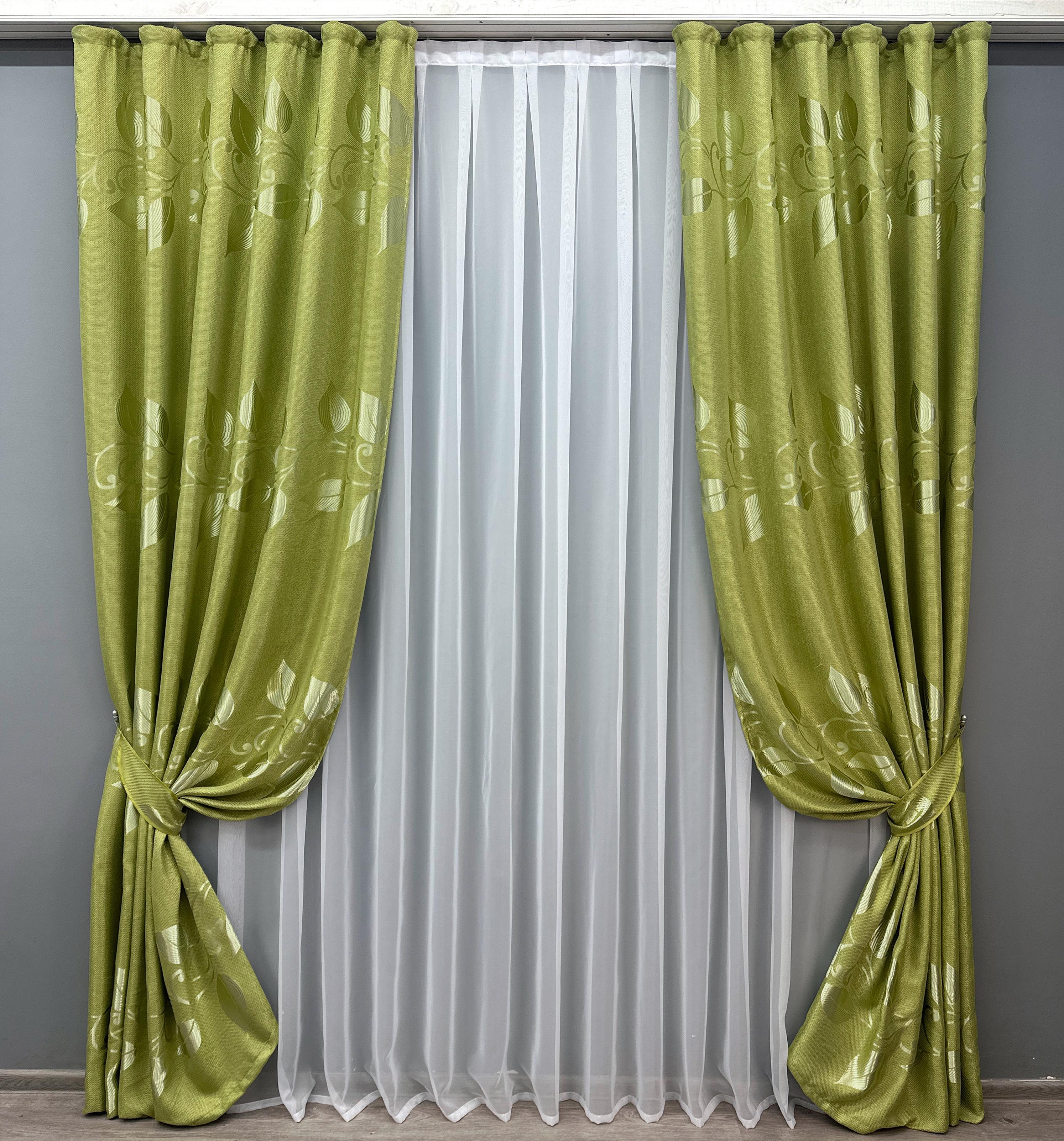 Комплект штор VR-Textil №1784ш льон рогожка Листя 100х270 см 2 шт. Оливковий (31-015)