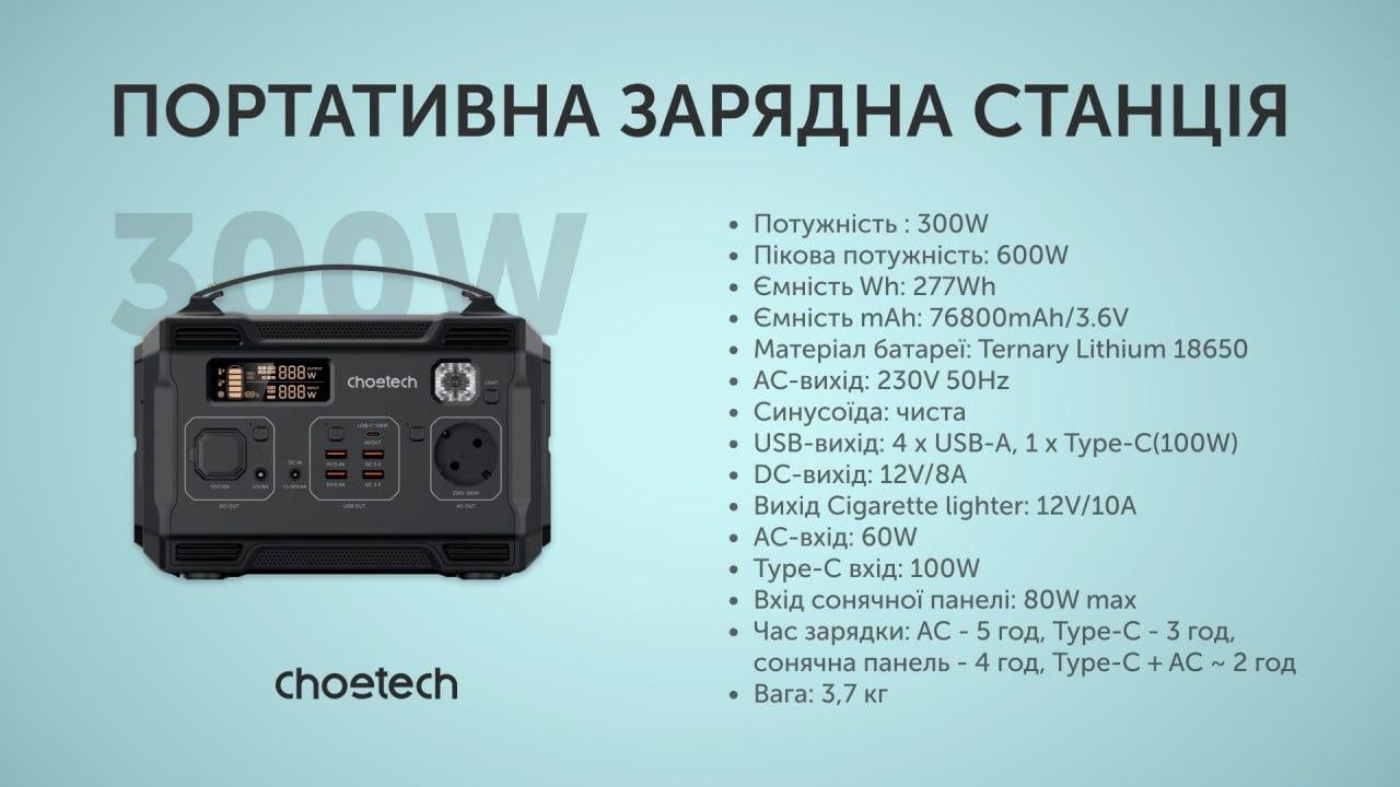 Портативная зарядная станция Choetech 300W 83200 mAh Type-C/USB/DC/AC Черный - фото 9