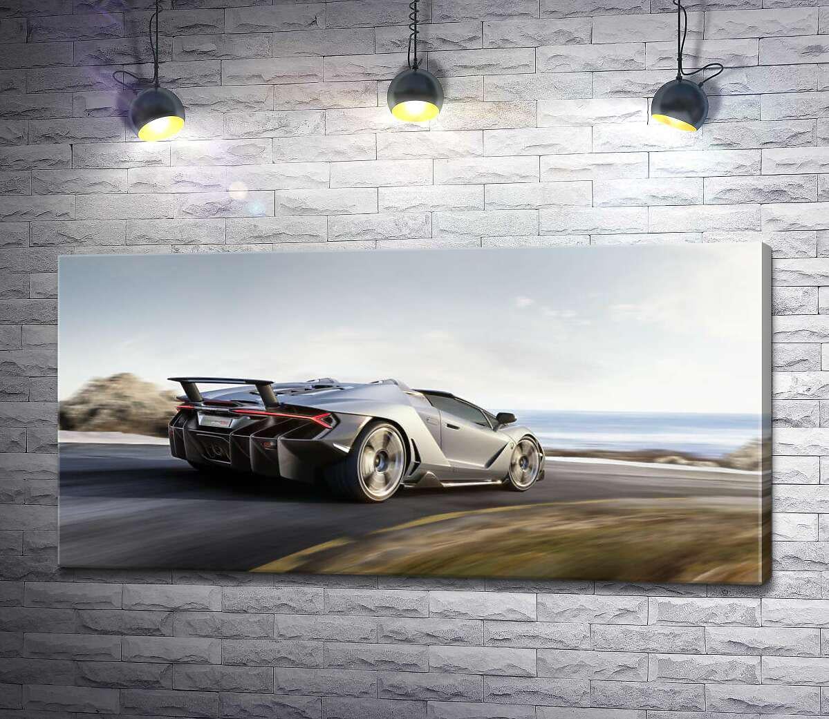 Картина ArtPoster Сріблястий автомобіль Lamborghini Centenario мчить по дорозі 50x25 см Модуль №1 (004433)