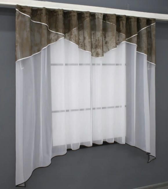 Занавеска с аркой на кухню 280х170 см Коричневый/Белый (025к 52-1041) - фото 2 Занавеска с аркой на кухню 280х170 см Коричневый/Белый (025к 52-1041) - фото 2