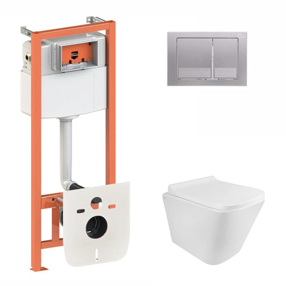 Комплект для ванной комнаты Qtap подвесной унитаз Tern Rimless и комплект установки Nest 4в1 квадратная клавиша Satin (2610409906)