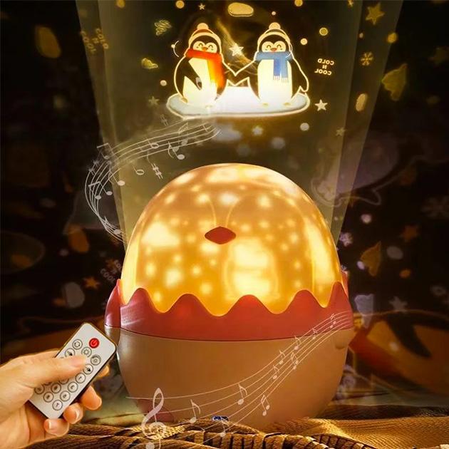 Ночник детский проектор музыкальный Пингвин космос на пульте управления 13 слайдов Розовый - фото 4