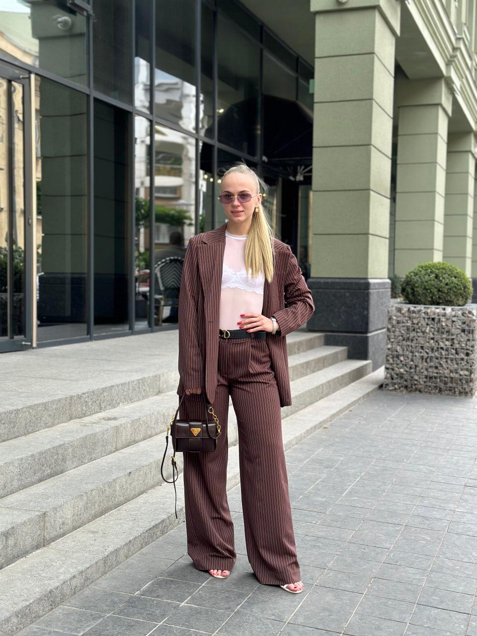 Костюм женский в полосочку пиджак/брюки S Шоколадный (2628190769)