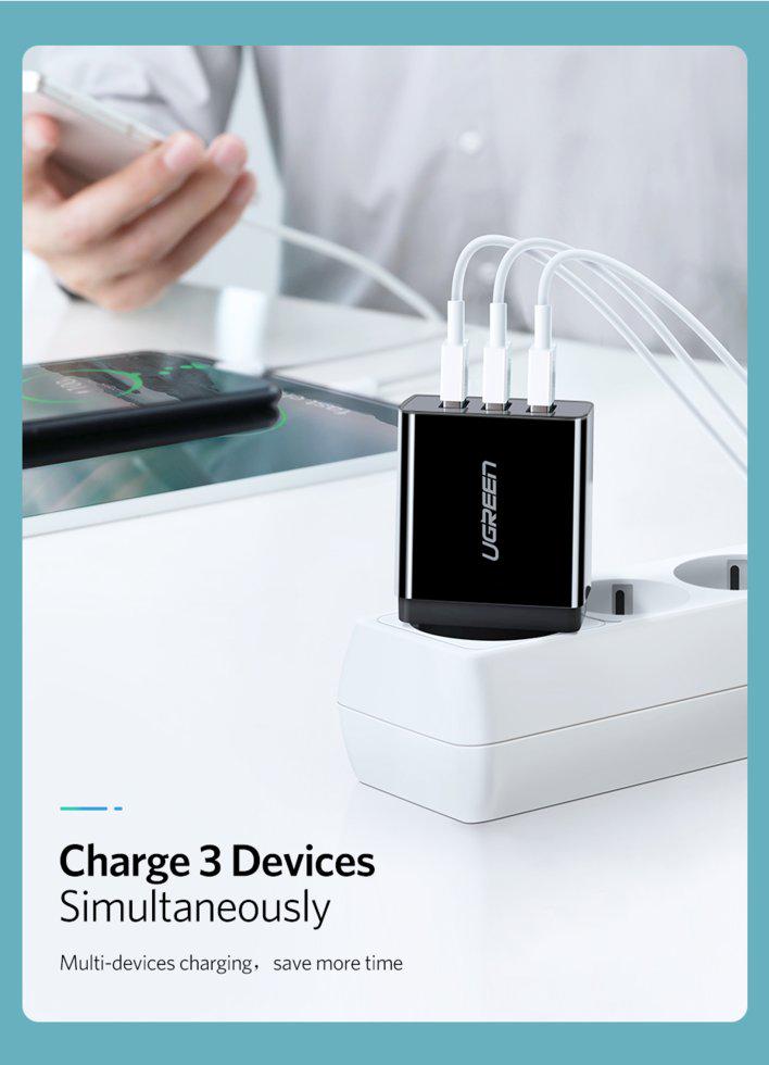 Зарядное устройство сетевое UGREEN ED013 3хUSB White (50817) - фото 9 Зарядное устройство сетевое UGREEN ED013 3хUSB White (50817) - фото 9