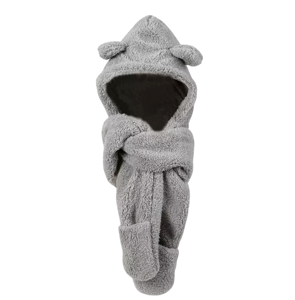 Шапка шарф Wuke ведмедик 3в1 унісекс з вушками капюшон рукавиці з кишенями one size Сірий