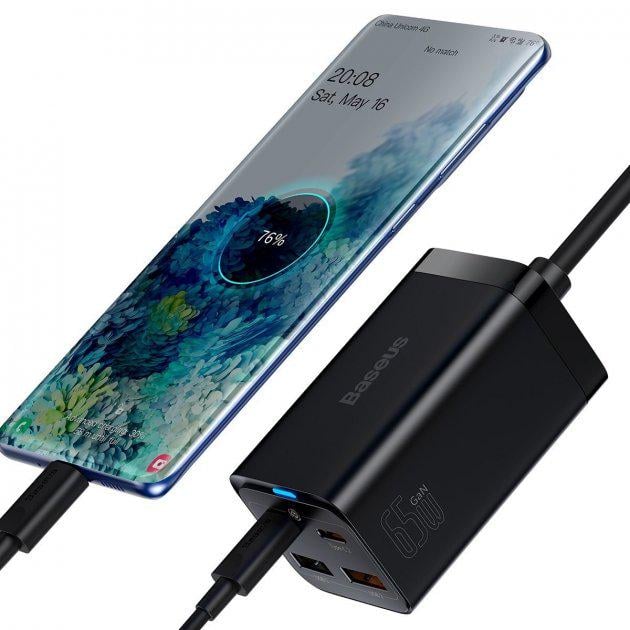 Зарядное устройство Baseus 65W GaN3 Pro Desktop Fast Charger QC4.0+PD3.0 2USB+2Type-C 3A с кабелем Baseus Type-C to Type-C 100W 20V/5A 1 м Black (CCGP040101) - фото 7