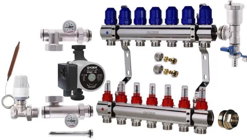 Коллектор для теплого пола KOER 7 контуров комплект прямой (9119907)