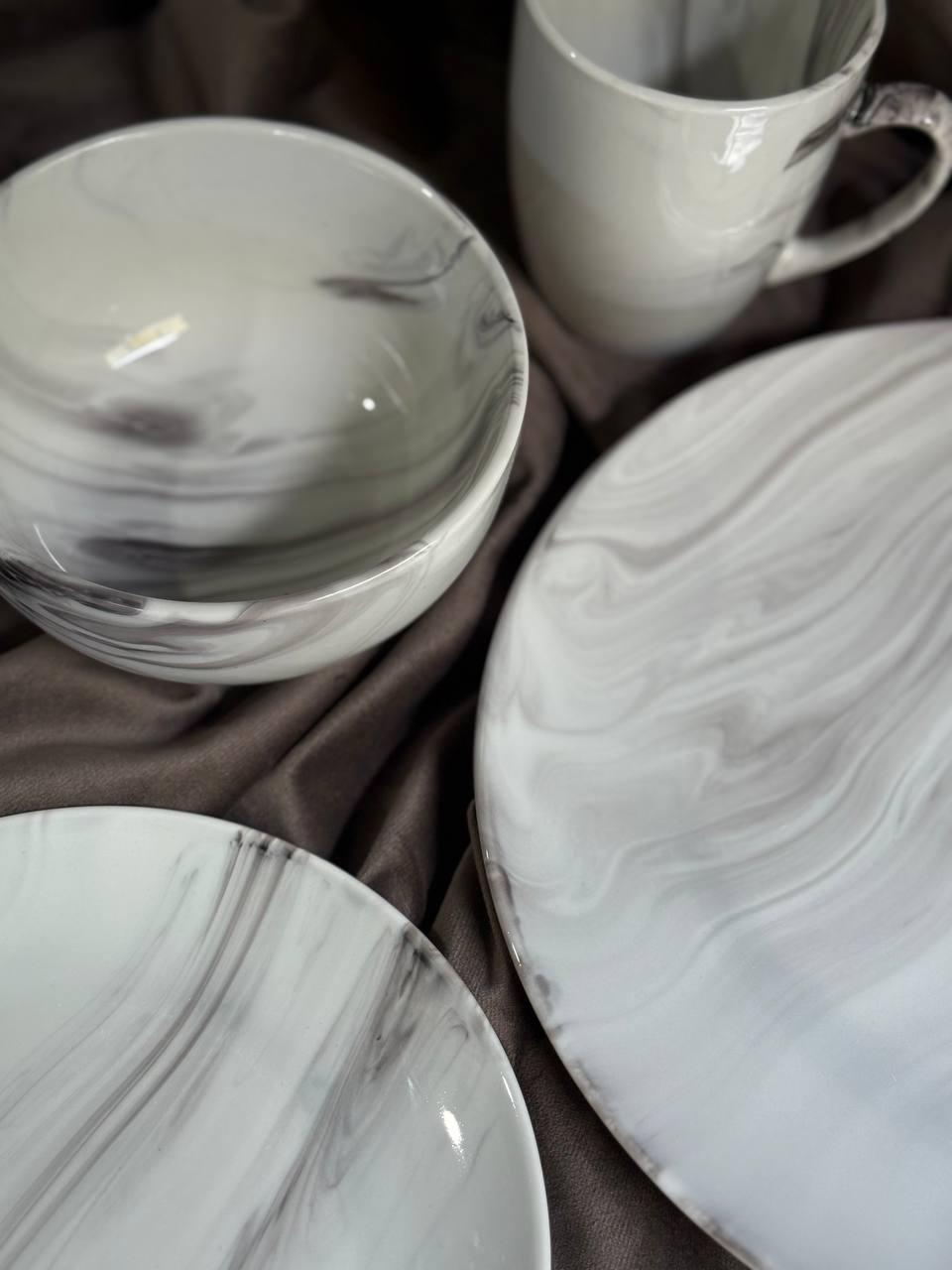 Столовый сервиз YIWU Marmor из фарфора 24 предмета на 6 персон Белый с серым MD-24-2G (30111415) - фото 3