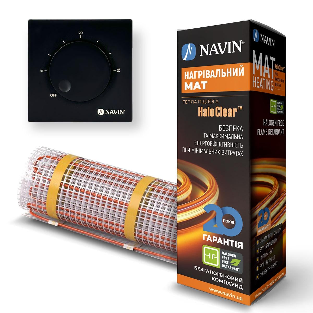 Комплект теплого пола Basic нагревательный мат NAVIN HaloClear 520 Вт 2,7 м² 5,4 м и терморегулятор NAVIN EH84WM-16A Черный матовый