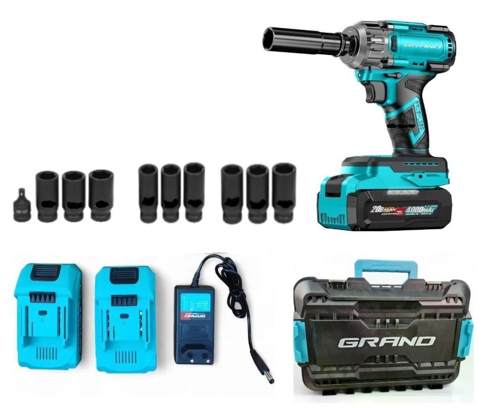 Гайковерт акумуляторний ударний Grand АГ-700BL HS 700 Нм/набір головок/безщітковий мотор/кейс/2 акумулятора 4 Ач/ЗП (31214949)