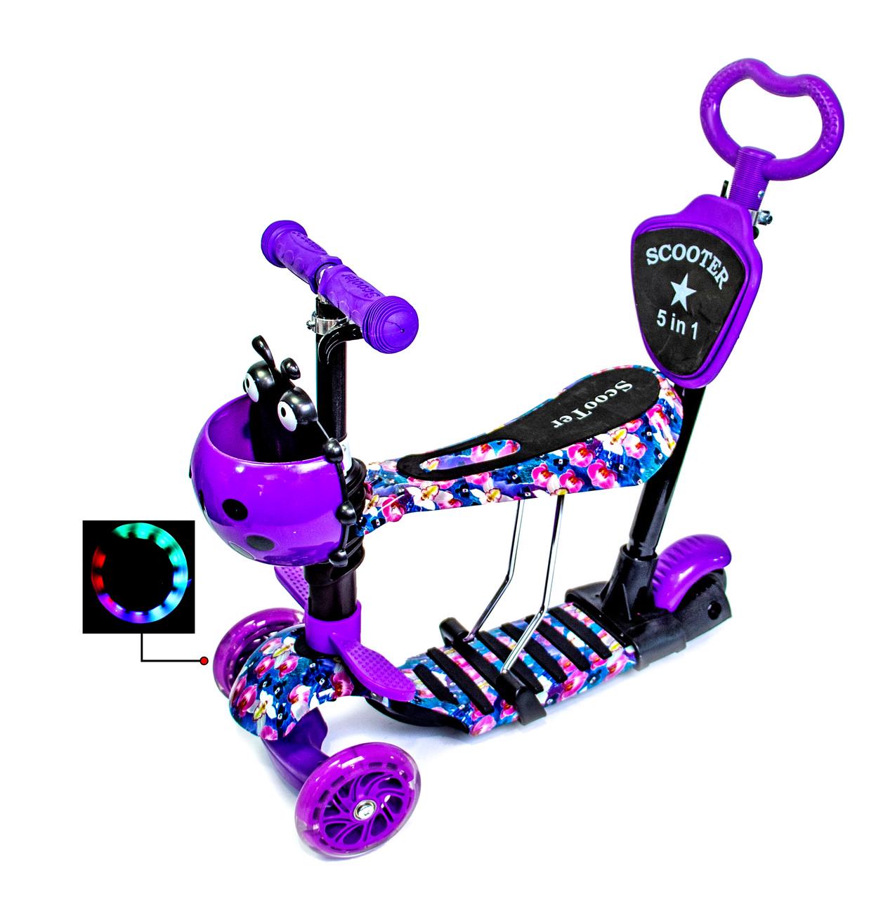 Самокат с сиденьем и подножками Scooter 5в1 с рисунком орхидеи