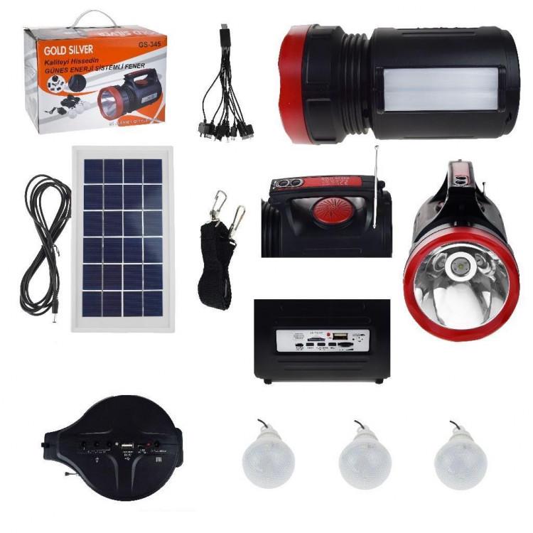 Солнечная панель и фонарь GS-345 FM/Bluetooth/MP3/3 лампы/USB