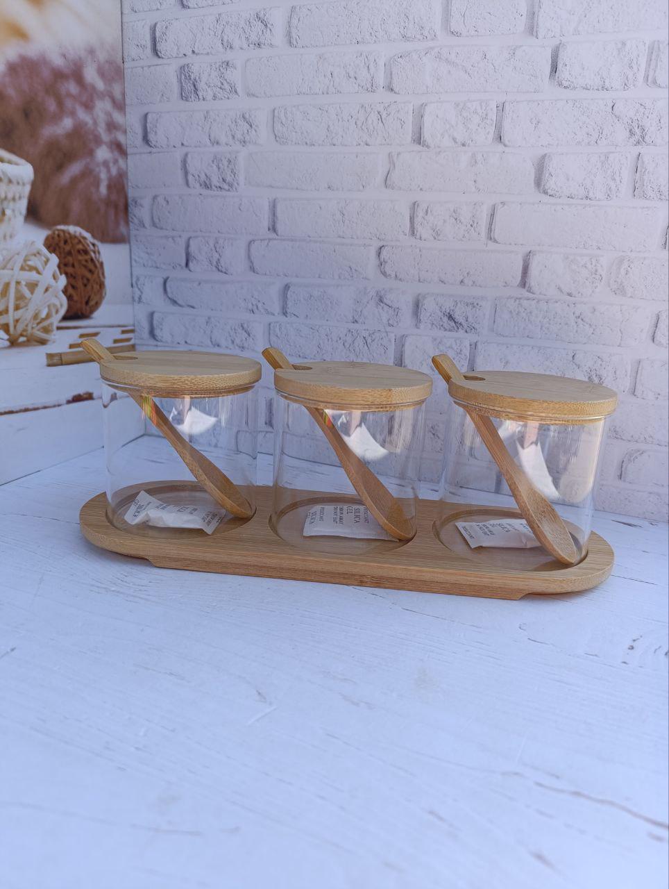 Набор банок для сыпучих продуктов Viva Bamboo стеклянные с бамбуковыми крышками и ложками 350 мл 3 шт. Прозрачный (6870650)