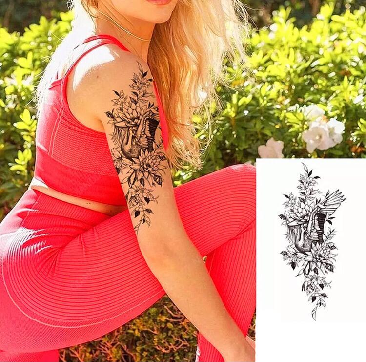 Тату тимчасове водостійке 3D велике Журавель у квітках XQB-356 19,5 х8 см (4506416) - фото 2