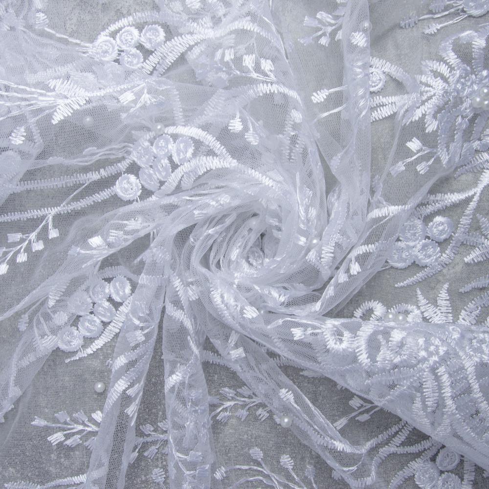 Ткань сетка вышивка Лола с жемчугом Белый