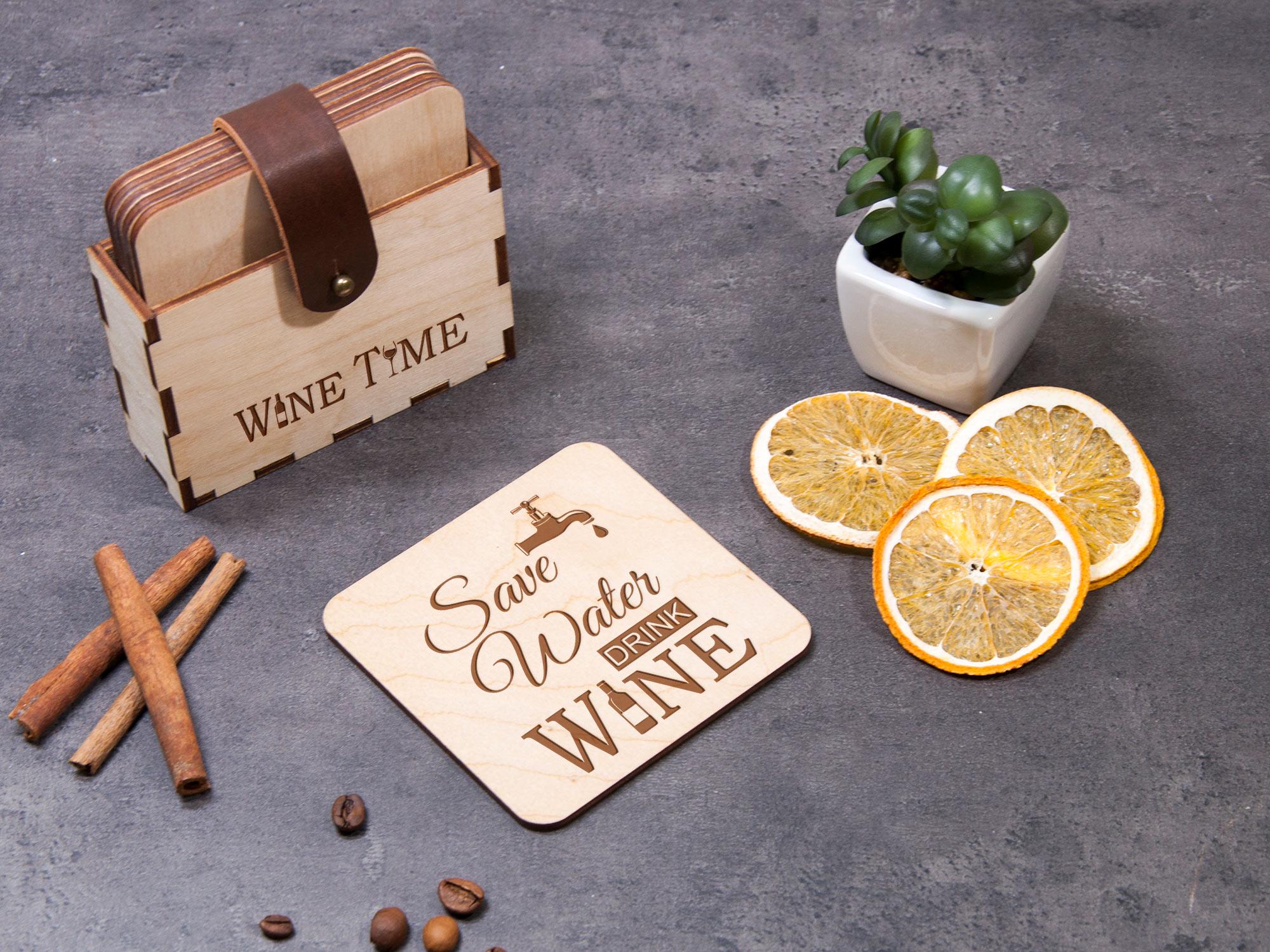 Набор подставок для горячего WoodPresentStudio "Save water drink wine" светлая коробка