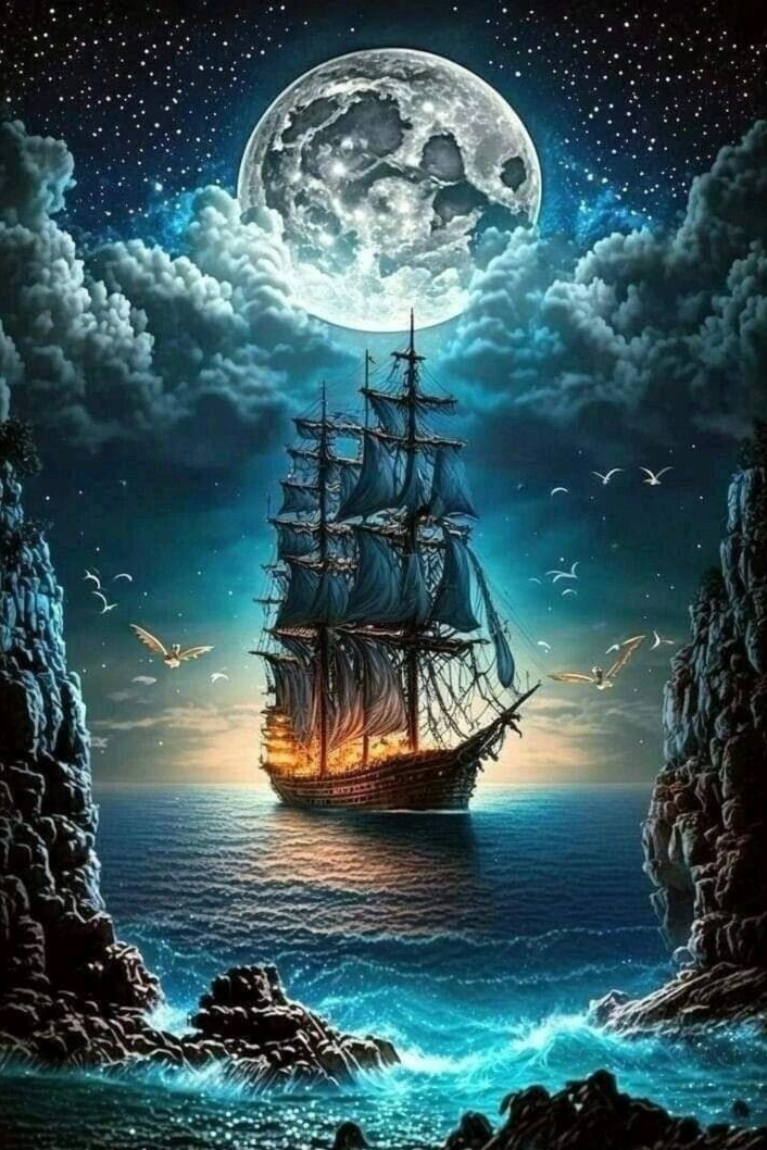 Алмазна мозаїка Корабель у місячному сяйві повна викладка квадратні камені без підрамника 40х60 см