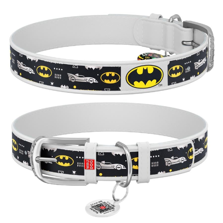 Ошейник для собак кожаный Waudog Design Бэтмен3 с QR паспортом M 20 мм 29-38 см