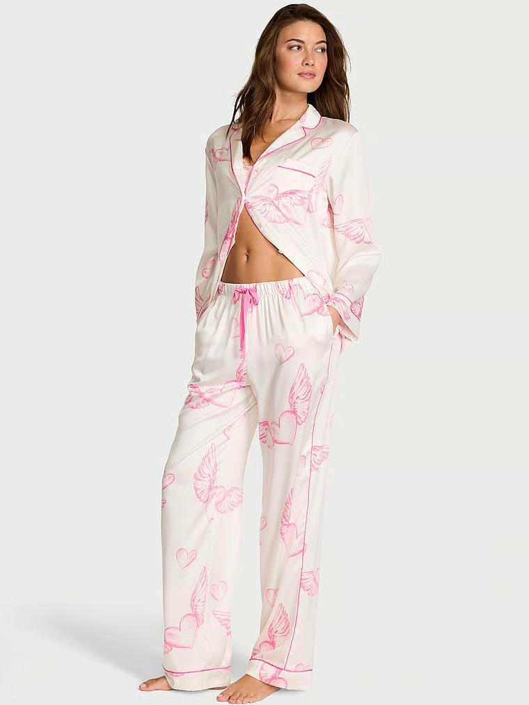 Пижама сатиновая Victoria's Secret Signature Satin Long Pajama Set Regular S Белый (27199243)