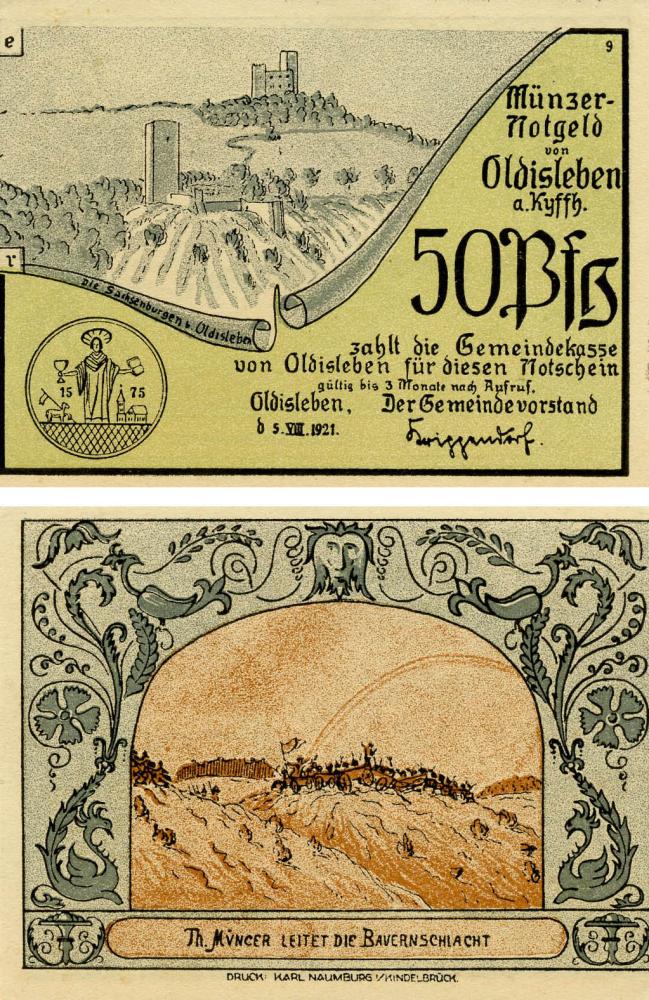 Коллекционная банкнота Германия Нотгельд 50 пфеннигов 1921 F-VF Ольдислебен Разновидность 2 (Б18793)