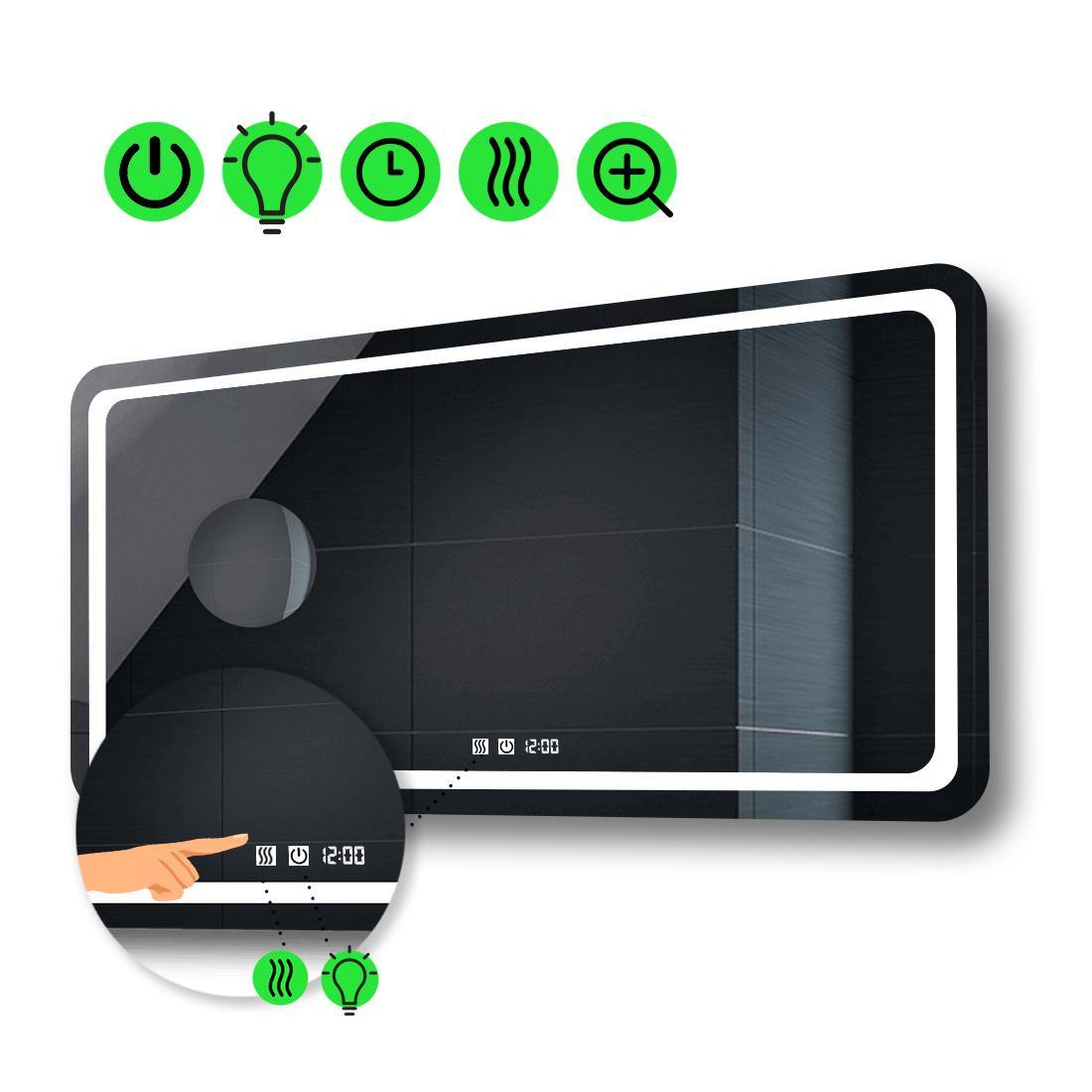 Зеркало Anvi LED с двумя сенсорами/часами/подогревом/линзой 90x60 см (13498214)