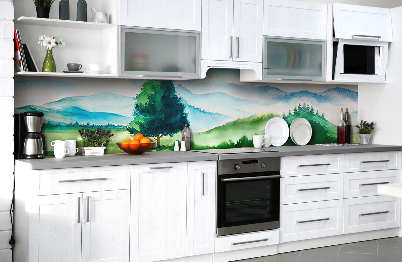 Кухонный фартук Zatarga "Рисунок красками долина дерево" из самоклеющейся виниловой пленки 60х300 см Зеленый