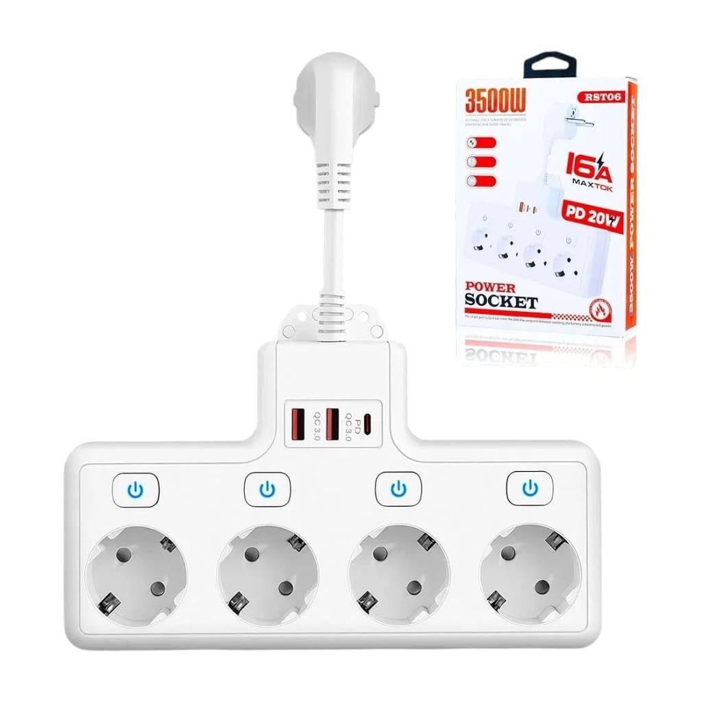 Подовжувач мережевий BOSYTRO RST06 4 розетки з USB та Type-C PD (35431587)