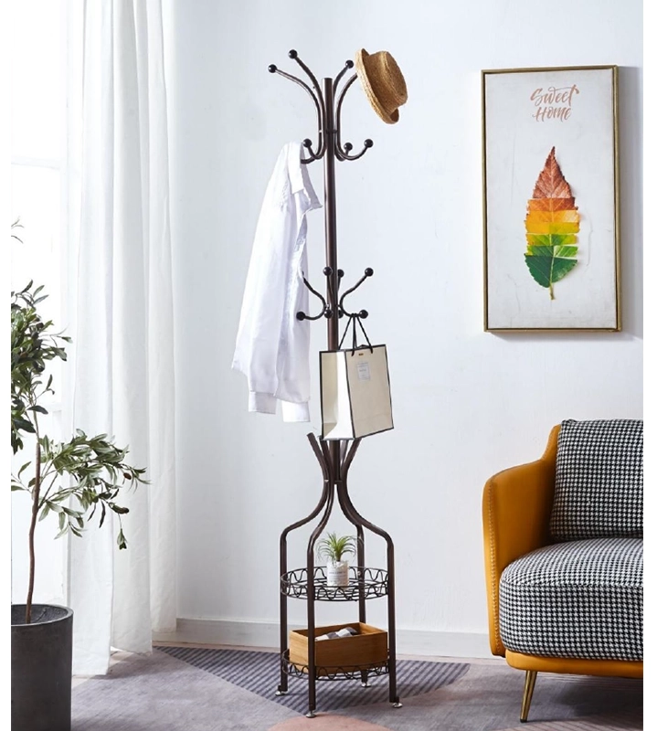 Вешалка напольная с полками с 16 крючками АКЛАС Платан 186x39 см Черный