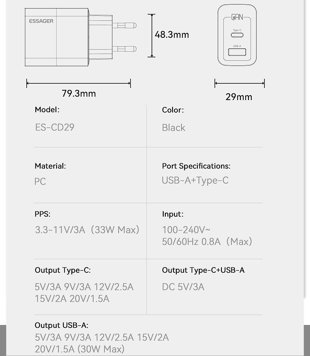 Зарядное устройство сетевое Essager 33W GaN III PD USB-C/USB-A (25397290) - фото 9 Зарядное устройство сетевое Essager 33W GaN III PD USB-C/USB-A (25397290) - фото 9