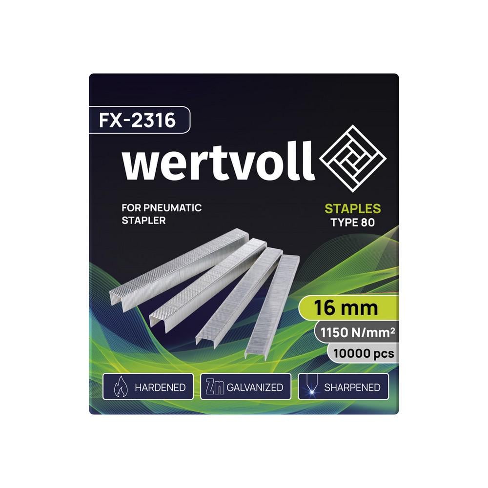 Скобы закаленные для пневмостеплера WERTVOLL тип 80 16 мм 12,8х0,95 мм 10000 шт. (FX-2316) - фото 2