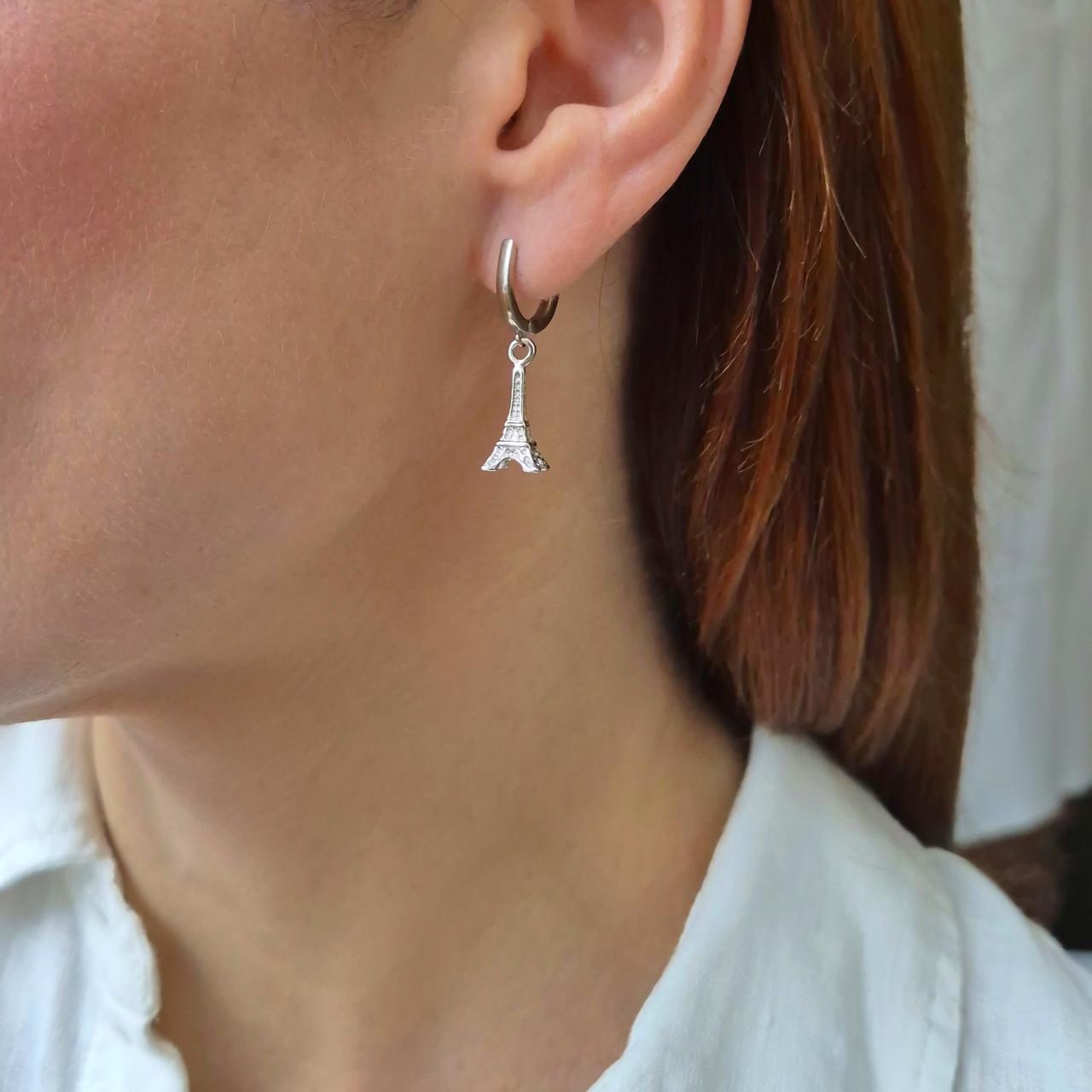 Сережки без каменів з підвіскою ейфелева вежа срібло 925 проби родоване 3,10 г (2172) - фото 4