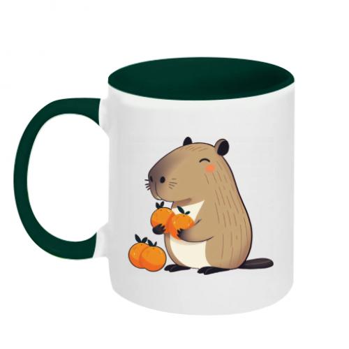 Чашка керамическая двухцветная Капибара радуется апельсинам 320 мл Белый/Зеленый (17077545-30-199693) - фото 1 Чашка керамическая двухцветная Капибара радуется апельсинам 320 мл Белый/Зеленый (17077545-30-199693) - фото 1