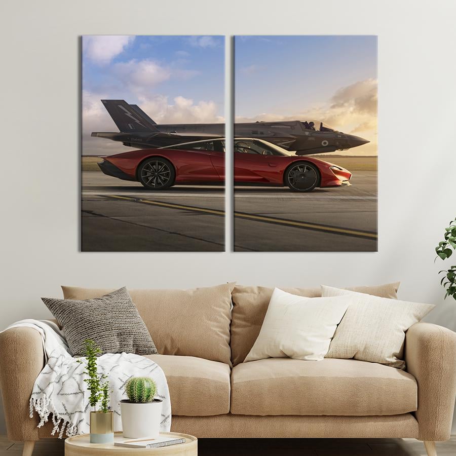 Картина на холсте Красное авто и истребитель 165x122 см (1364-2)