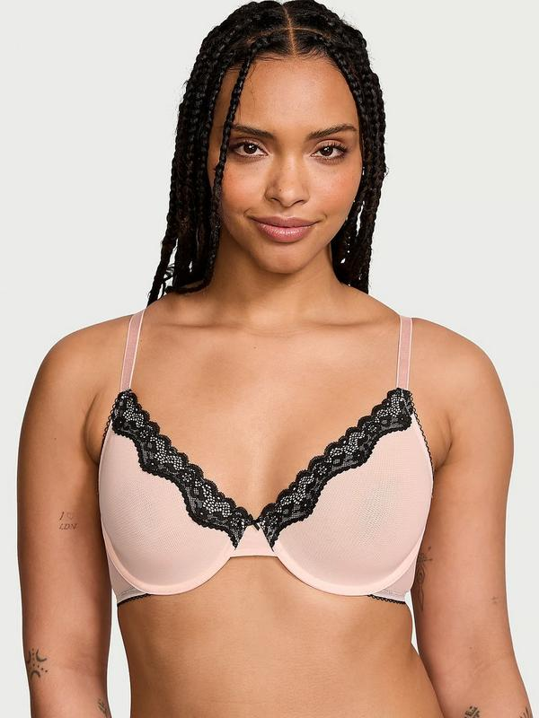 Бюстгальтер демі без підкладки Victoria's Secret Tease Unlined Demi Bra 70D Пудровий з чорним (25807048)