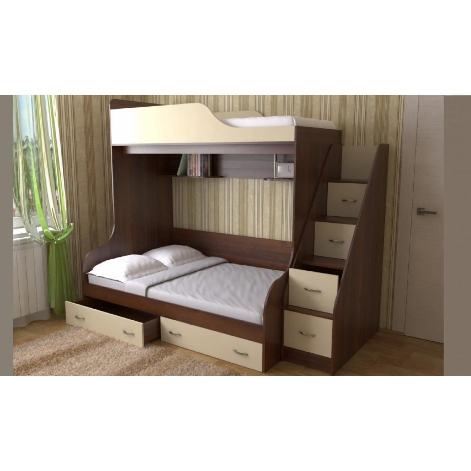 Кровать детская трехъярусная с полками и ящиками T084 80х190/120х190 см Венге/Дуб молочный (100692)