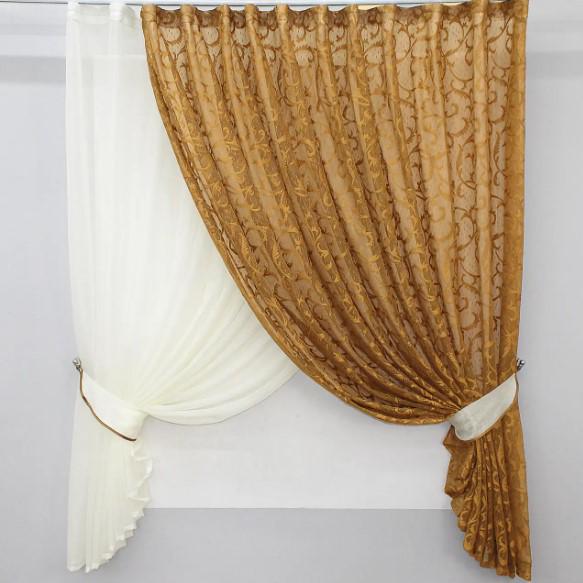 Шторки кухонні шифон/жаккард 330х170 см Молочний/Коричневий (101к)