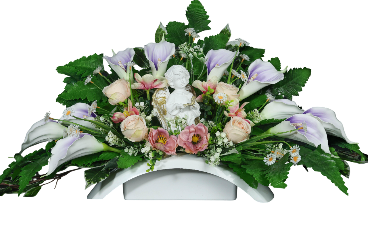 Композиция ритуальная GALA DECOR из искусственных цветов и ангела в пластиковом кашпо (КА6035Б)