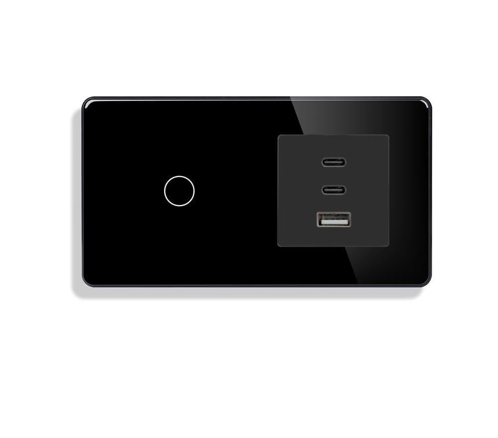 Выключатель сенсорный ELIOS с розеткой USB A+C+C 65Вт стекло Черный