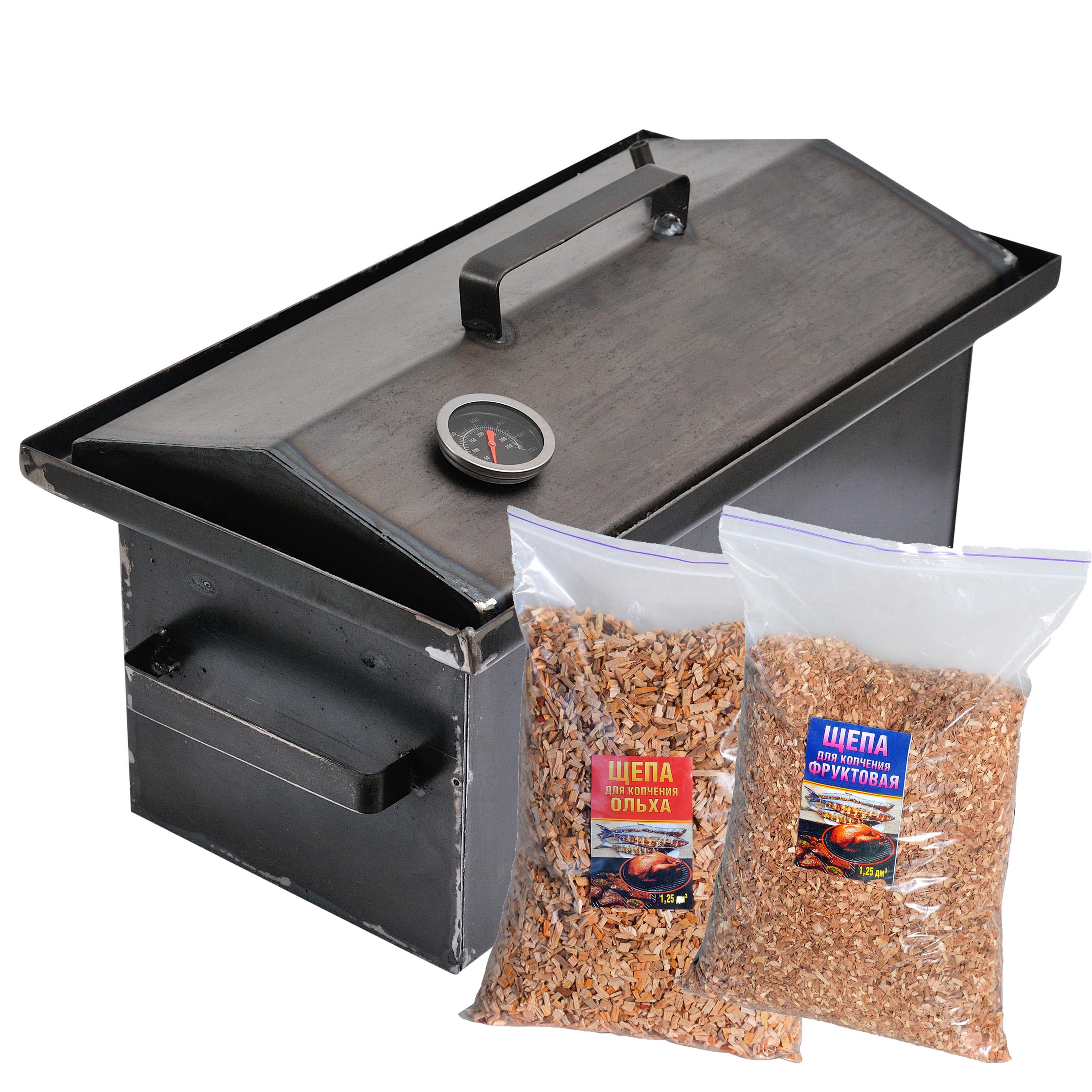 Коптильня горячего копчения 2мм 520х320х300 мм с термометром та 2кг щепки