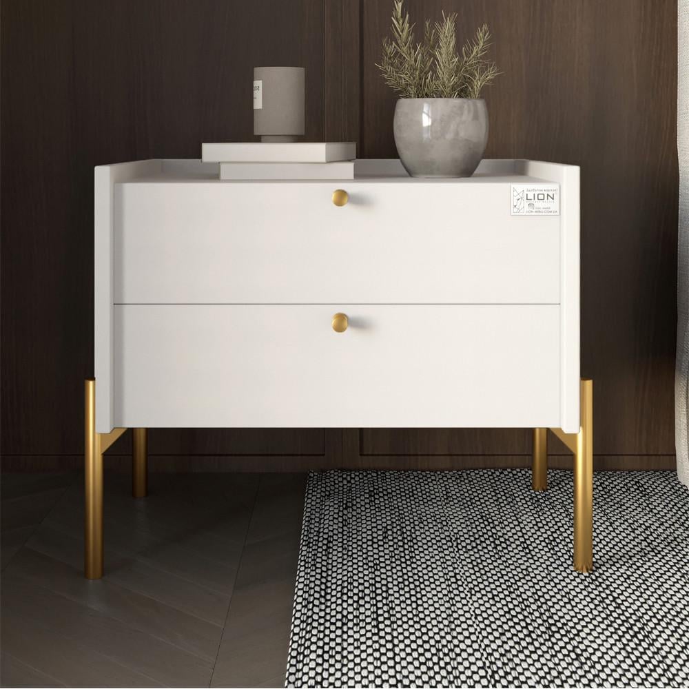 Тумба прикроватная Lion Wood с двумя ящиками золотые ножки Нимфея Альба (Lion-041357)